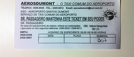 Ticket da cooperativa Aerosdumont, Rio de Janeiro