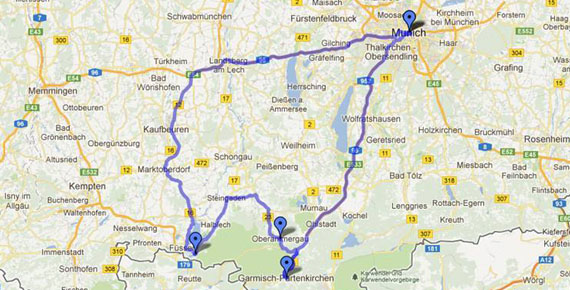 Mapa: bate-volta de Munique a Garmisch e Neuschwanstein