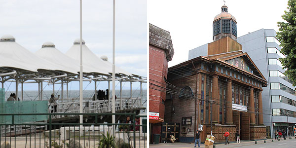 Píer telhado e a Catedral de Puerto Montt