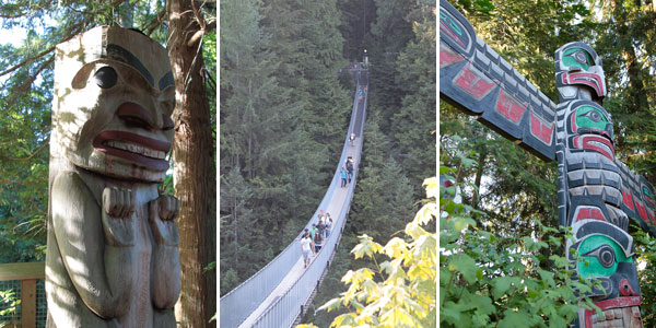 Totens e vista da ponte do Capilano Suspension Bridge