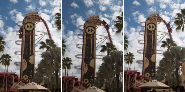 Três momentos do passeio na Rockit, em Orlando