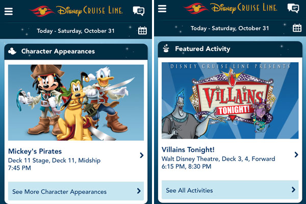 Telas do aplicativo do Disney Cruise Line