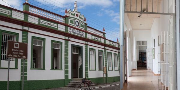 Fachada e interior da biblioteca de Canavieiras